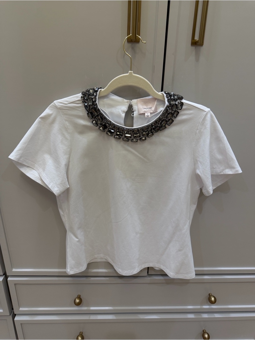 cinq a sept White Short Sleeve Tee with Gunmetal Beaded Collar
